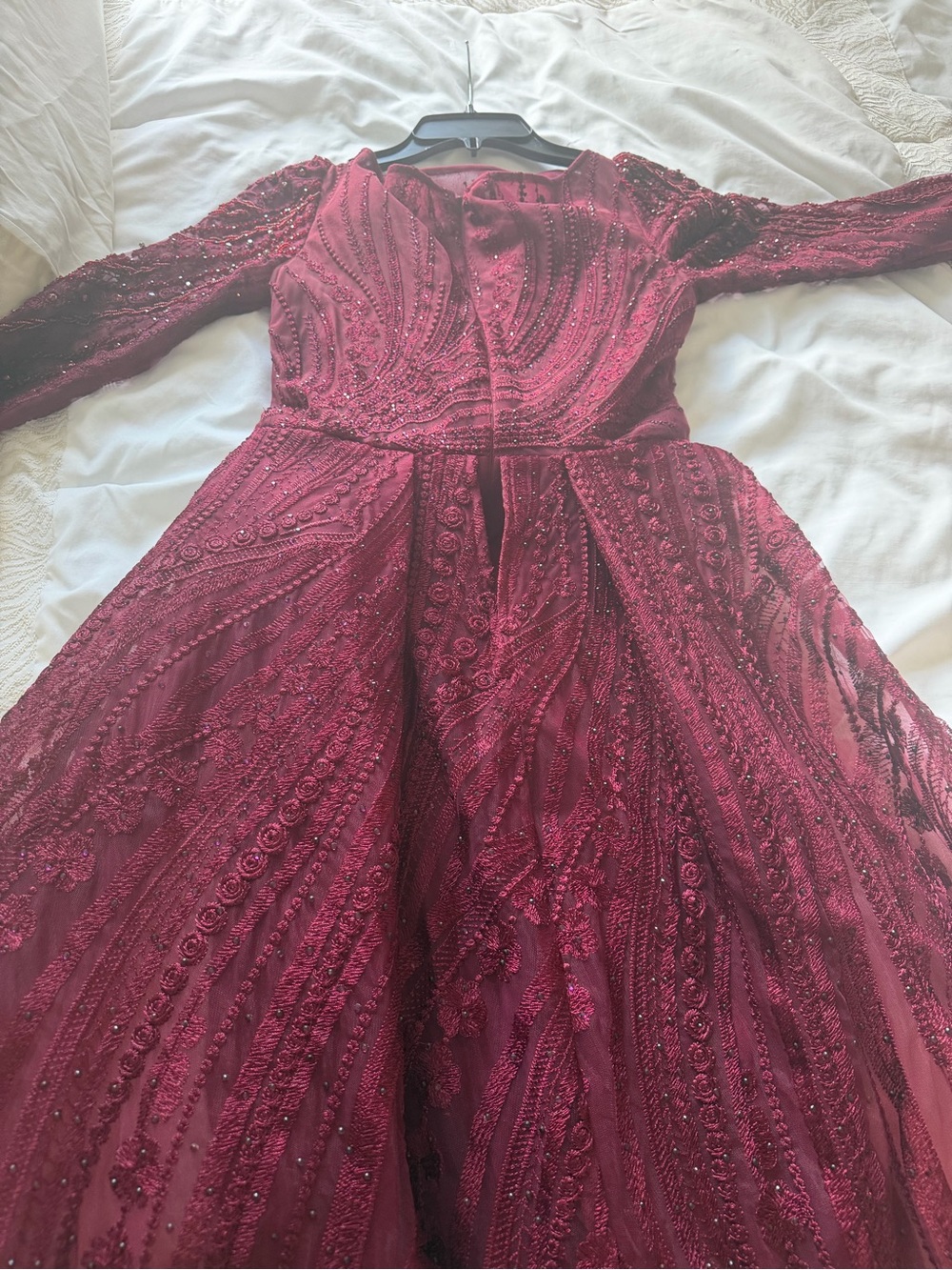 Dress Forum Wine Red Beaded Long Sleeve Wedding Dress